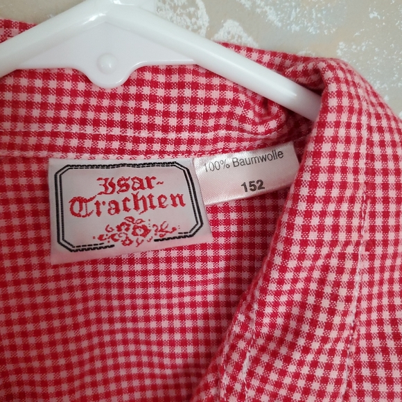Isar TRACHTEN red Plaid Embroidered flower German Blouse Traditional 152 - Picture 4 of 7
